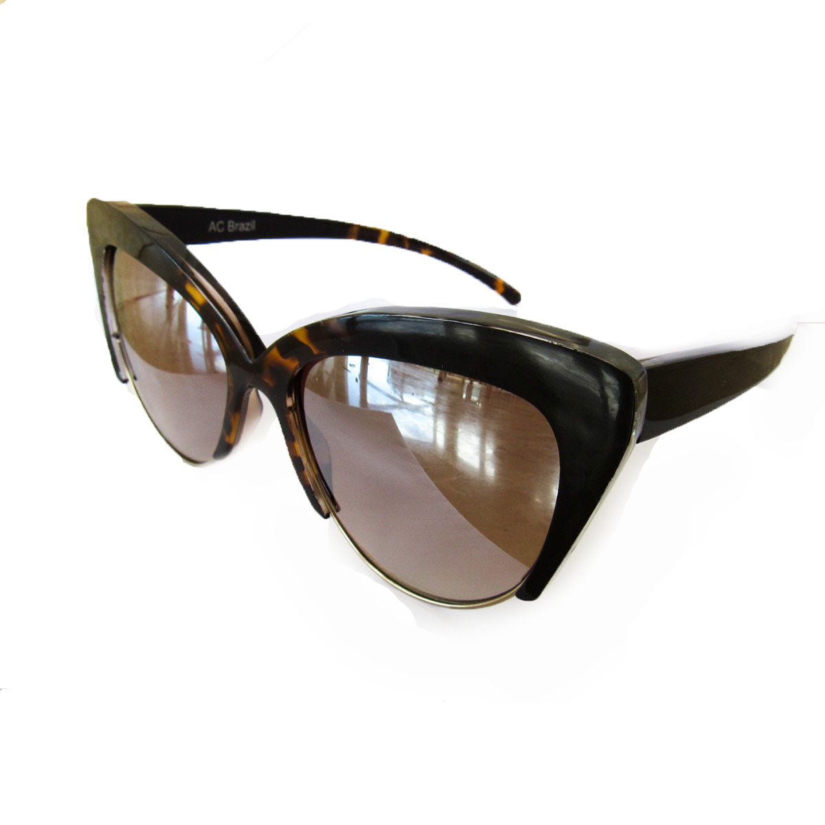 Medium Cat Eye Turtle Print and Black Coloured Sunglasses w/ Silver Mirrored Lenses