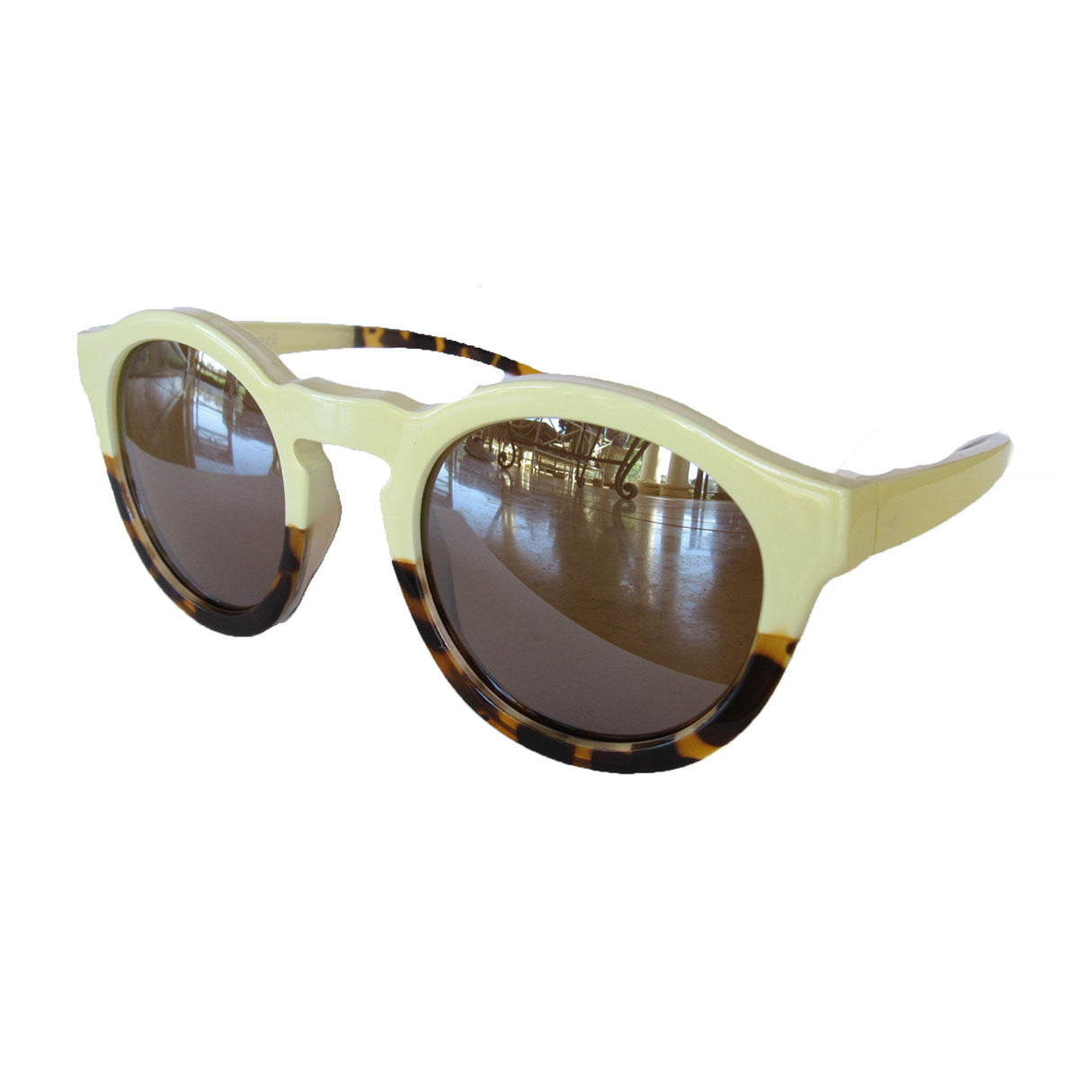 Round Turtle Print and Ivory Bicolored Sunglasses w/Silver Mirrored Lenses