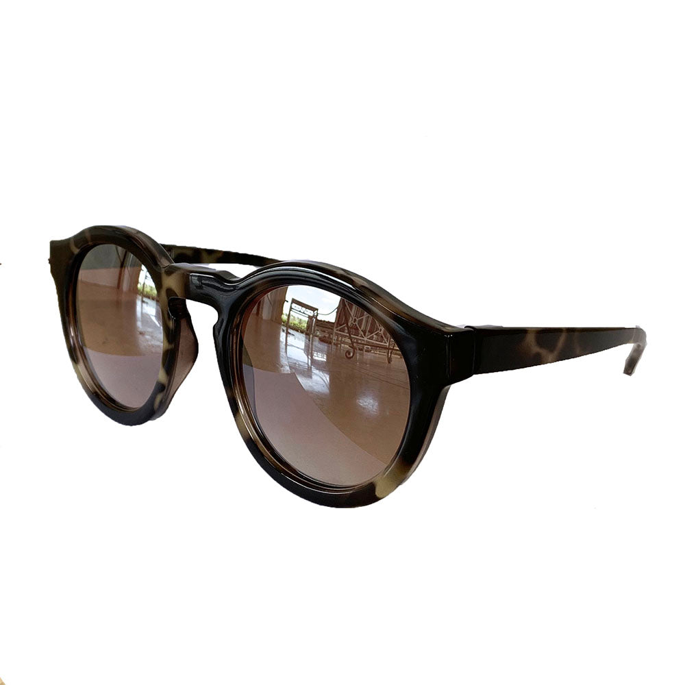 Round DarkTurtle Print Sunglasses w/ Silver Mirrored Lenses