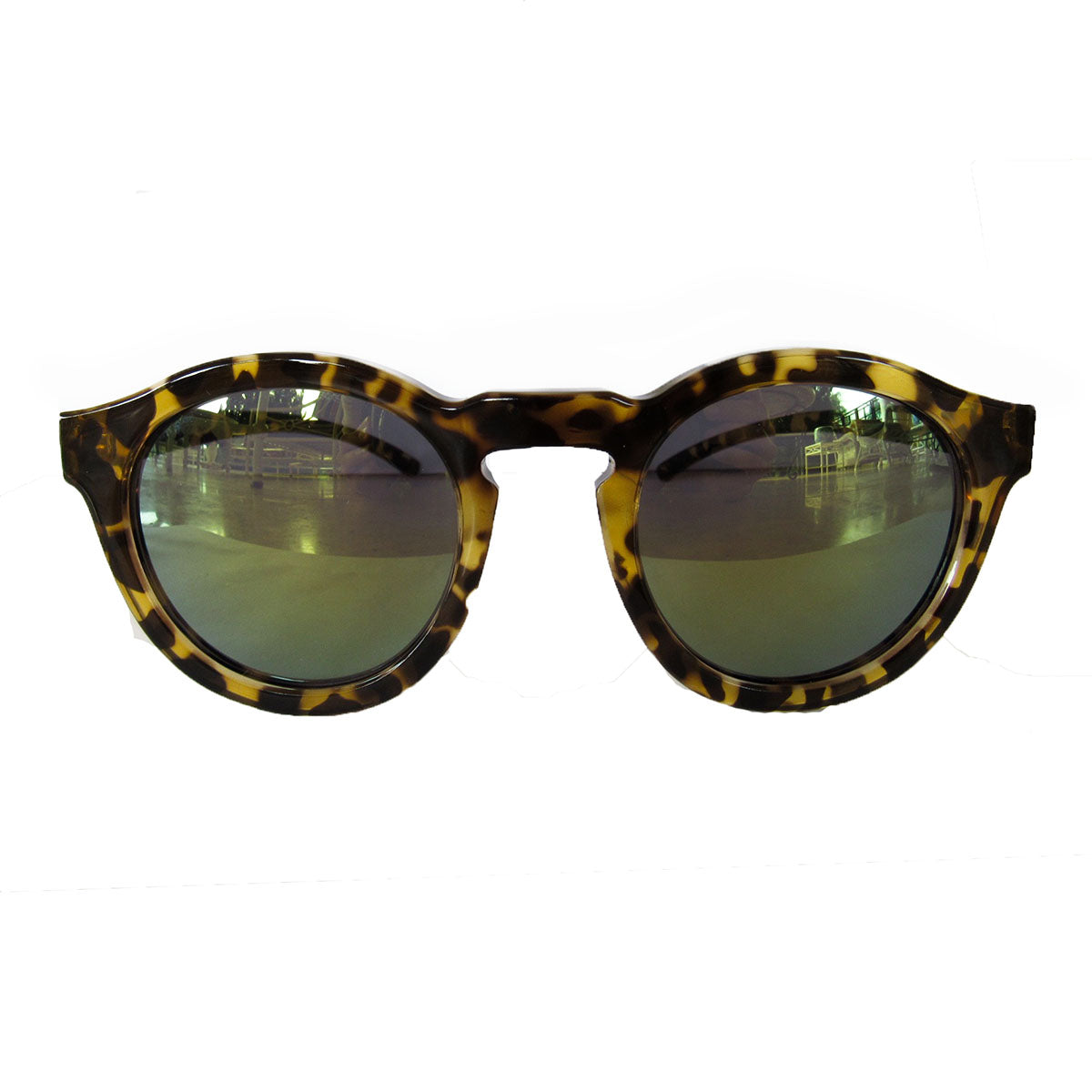 Round Turtle Print  Sunglasses w/ Green Mirrored Lenses