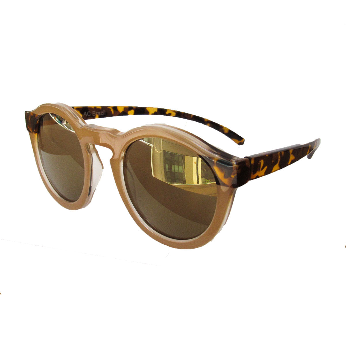 Round Nude Coloured Sunglasses w/ Turtle Print Arms and Golden Lenses