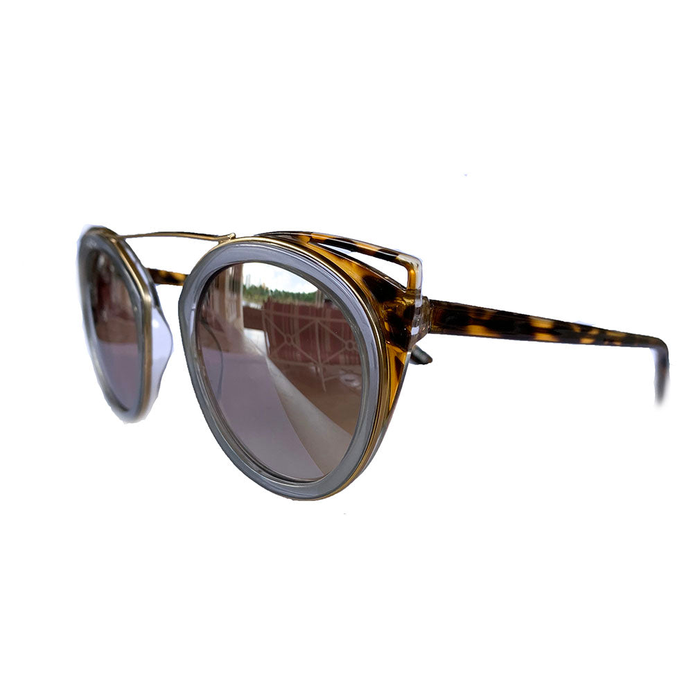 Round Light Blue Coloured Suglasses w/ Cat Eye Turtle Print Detail