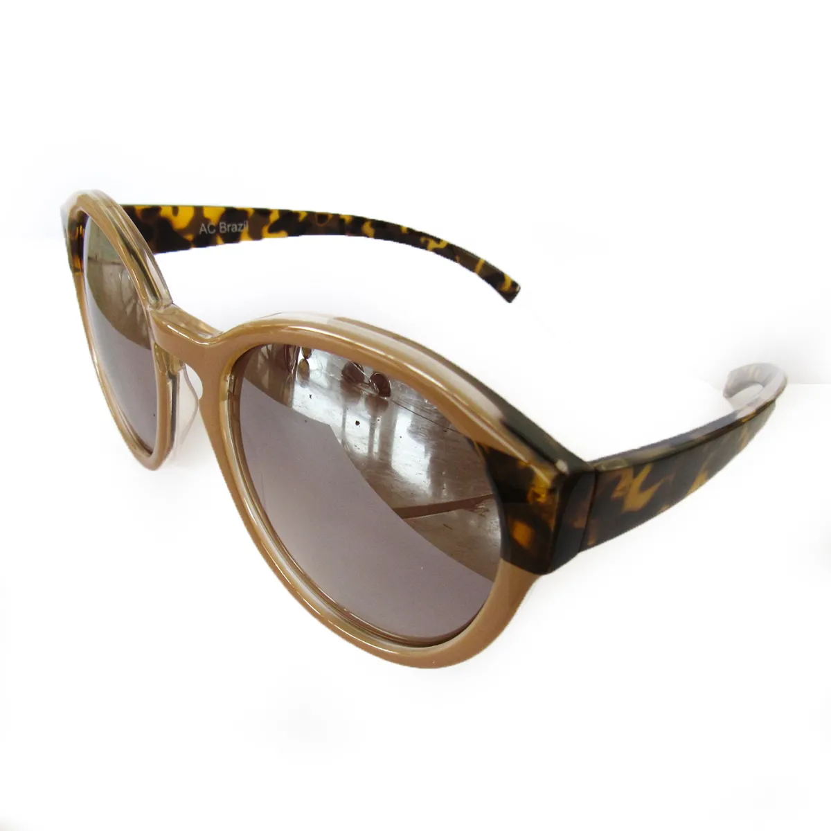 Large Round Nude Coloured Sunglasses w/ Turtle Print Arms and Silver Mirrored Lenses