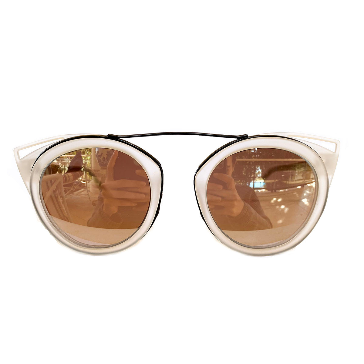 Round All Crystal matte Coloured Sunglasses w/ Cat Eye Detail and Silver Mirrored Lenses