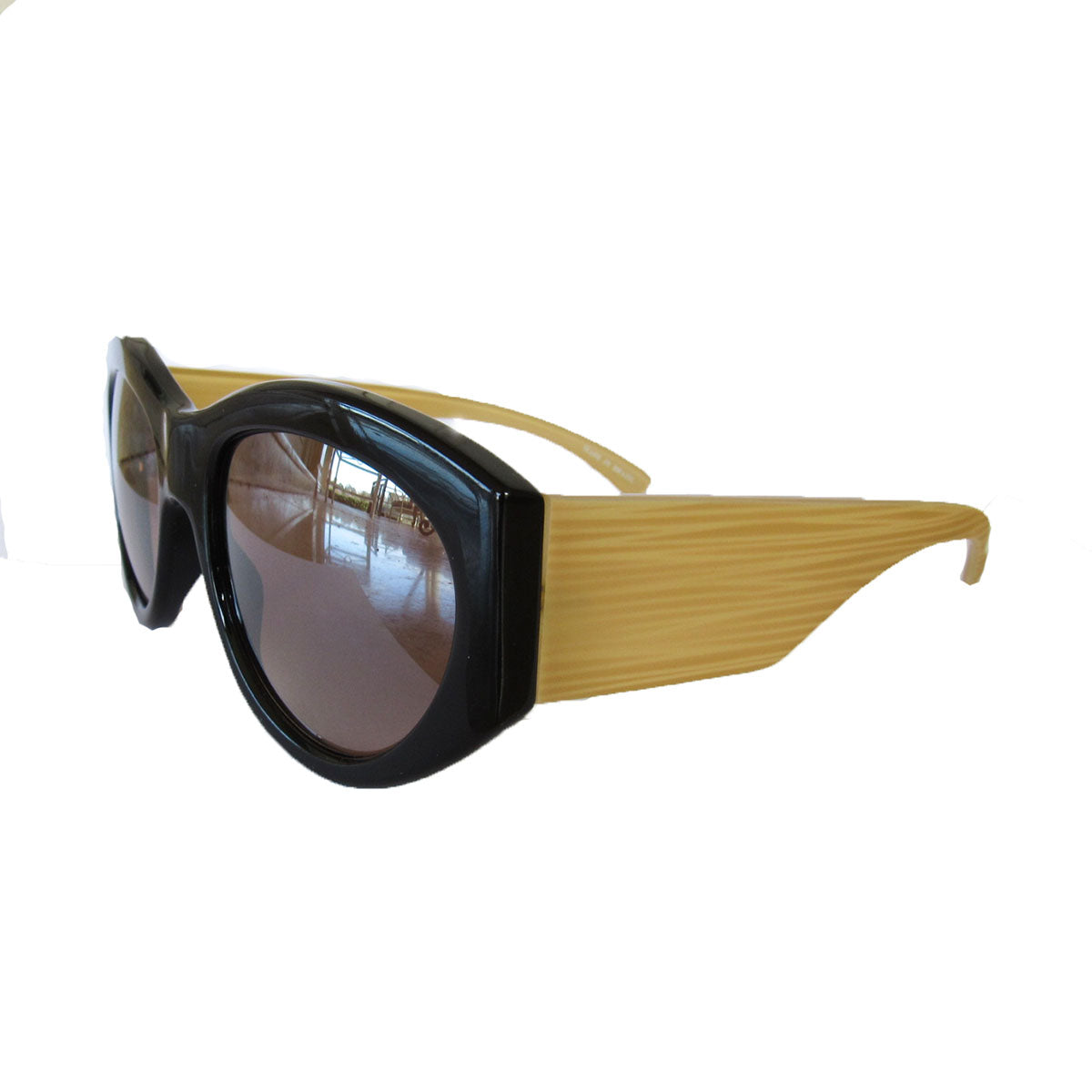 Mask Style Black Coloured Sunglasses w/ Wooden Pattern Arms and Silver Mirrored Lenses
