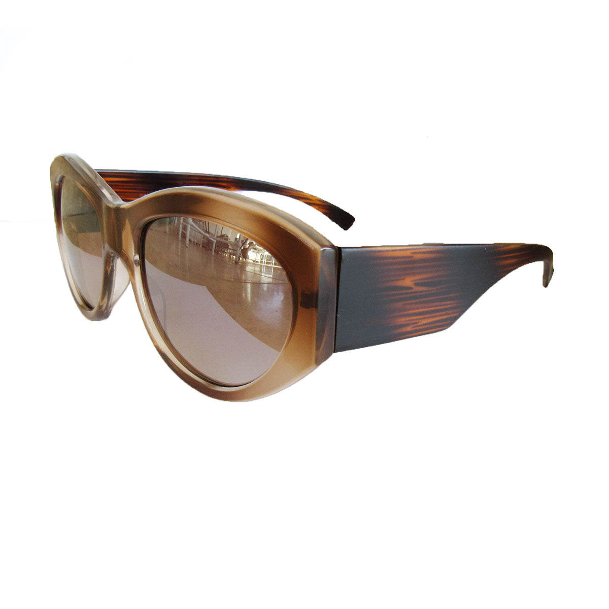 Mask Style Honey Coloured Sunglasses w/ Wooden Pattern Arms and Silver Mirrored Lenses