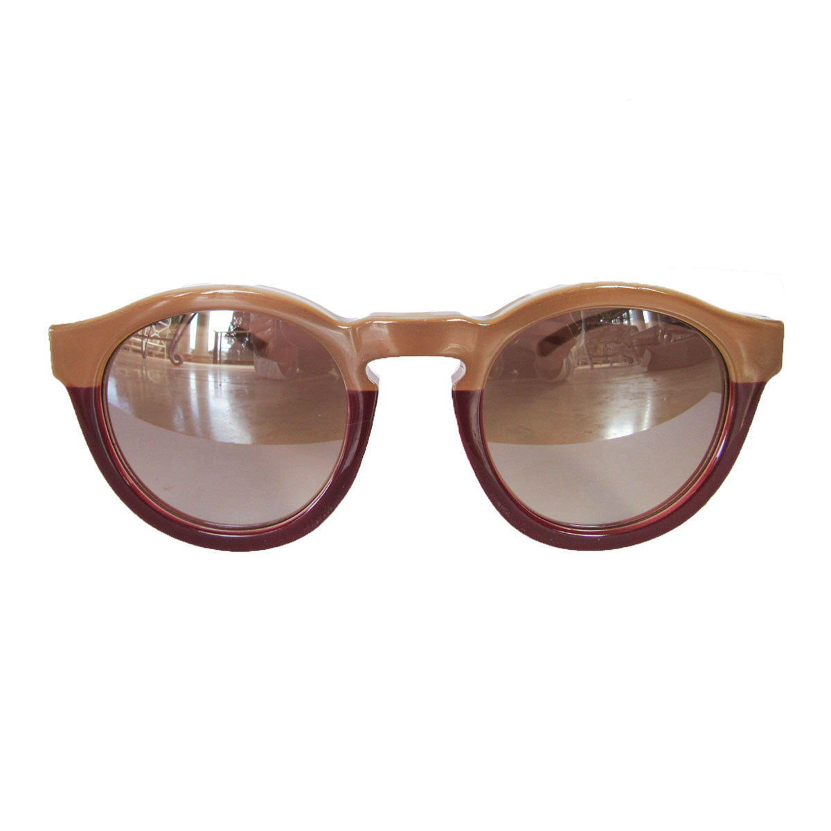 Round Nude and Burgundy Coloured Sunglasses w/ Silver Mirrored Lenses