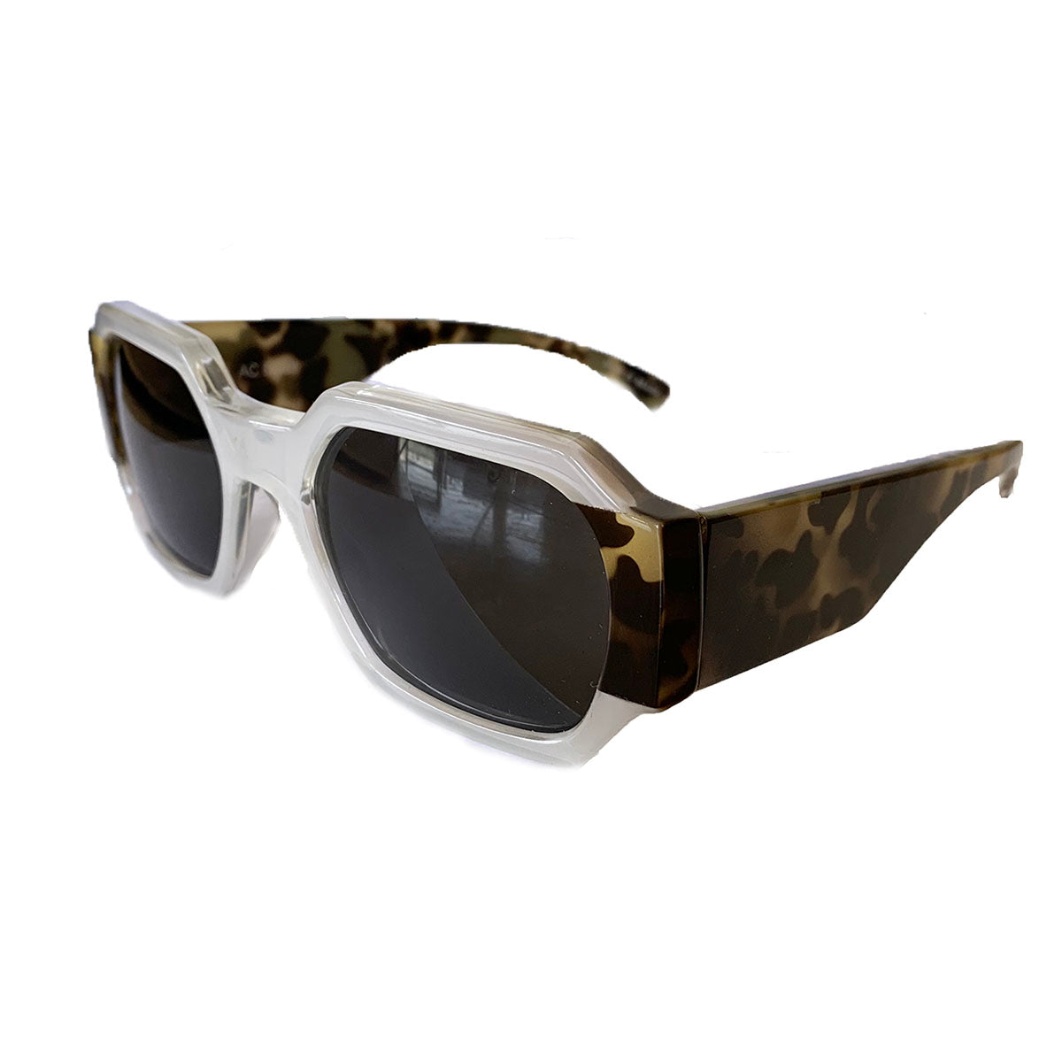 Rectangular Pearly Coloured Sunglasses w/ Brown Lenses and Turtle Print Arms