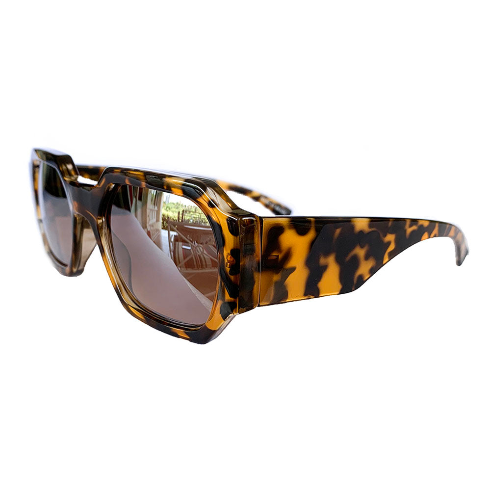 Rectangular Turtle Print Sunglasses w/ Silver Mirrored Lenses