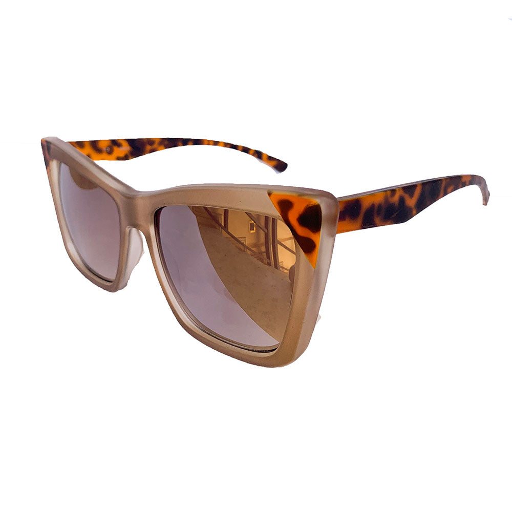 Square Cat Eye Style Nude Coloured Sunglasses w/ Silver Mirrored Lenses