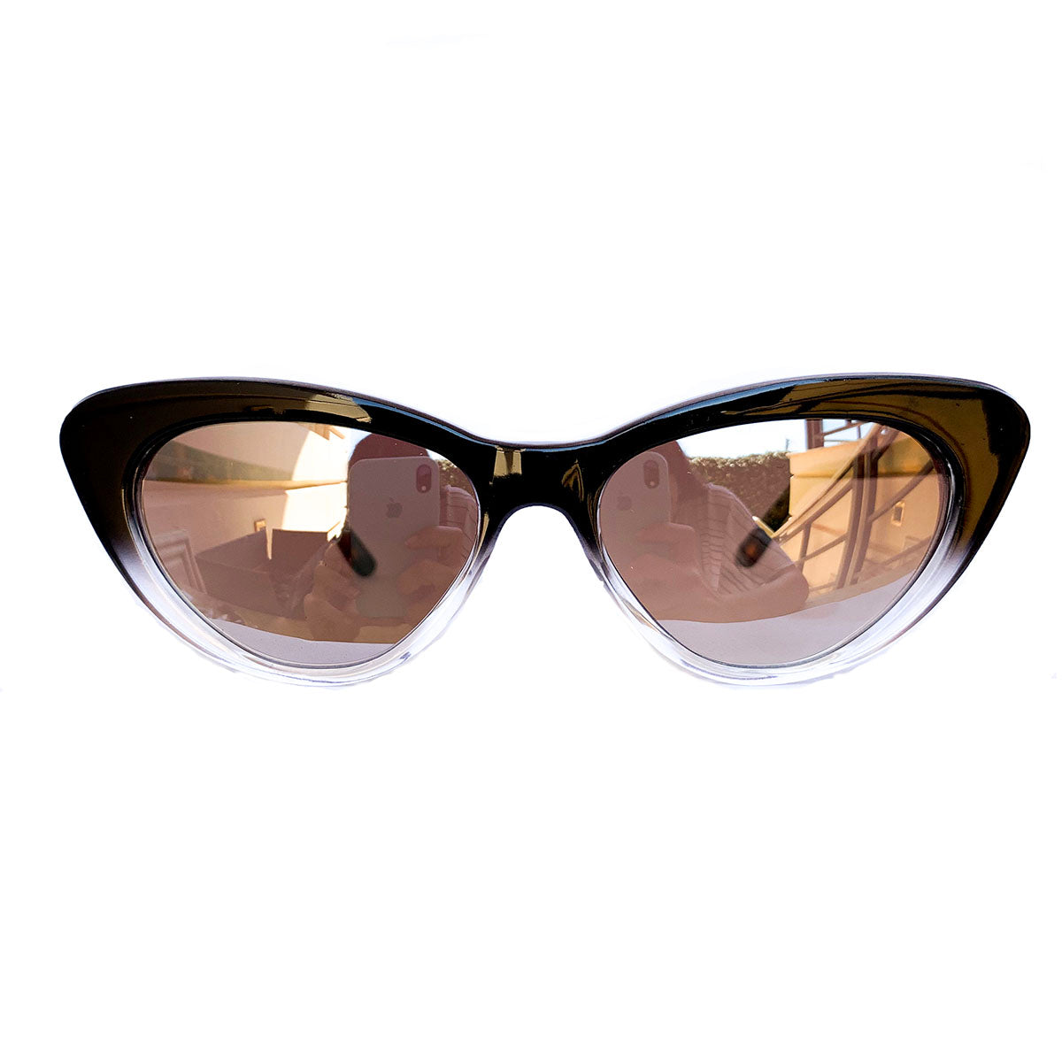 Small Black and Crystal Coloured Cat Eye Style Sunglasses w/ Silver Mirrored Lenses