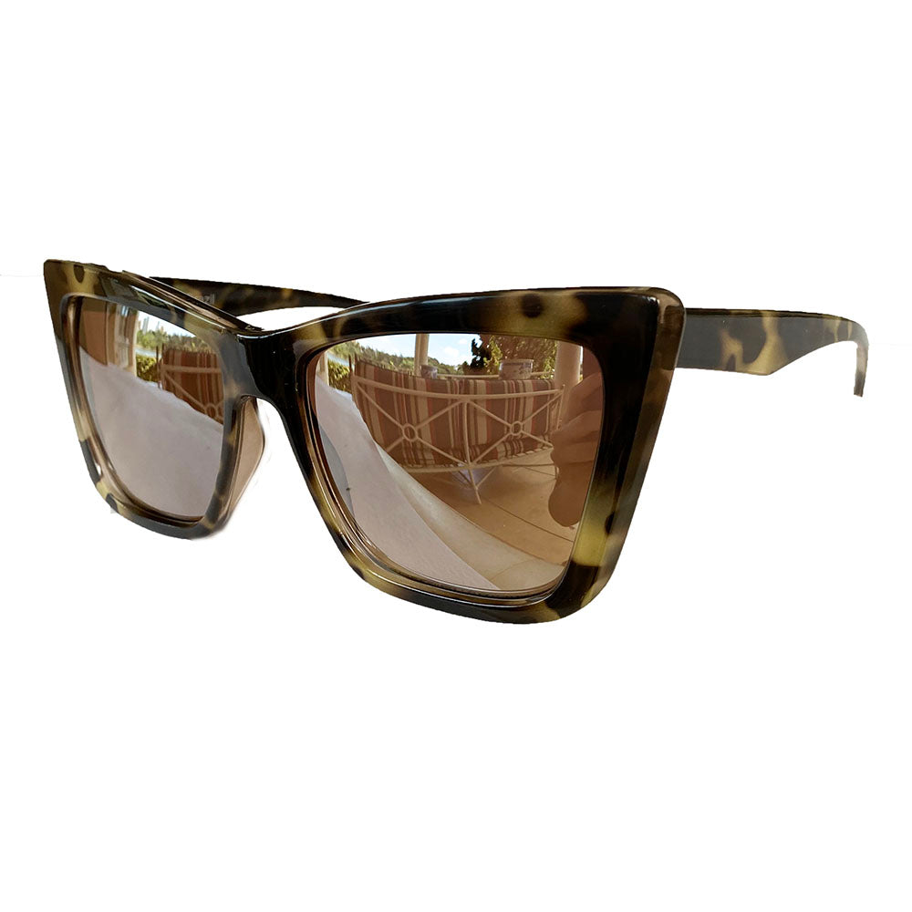 Square Cat Eye Style Dark Turtle Print Sunglasses w/ Silver Mirrored Lenses
