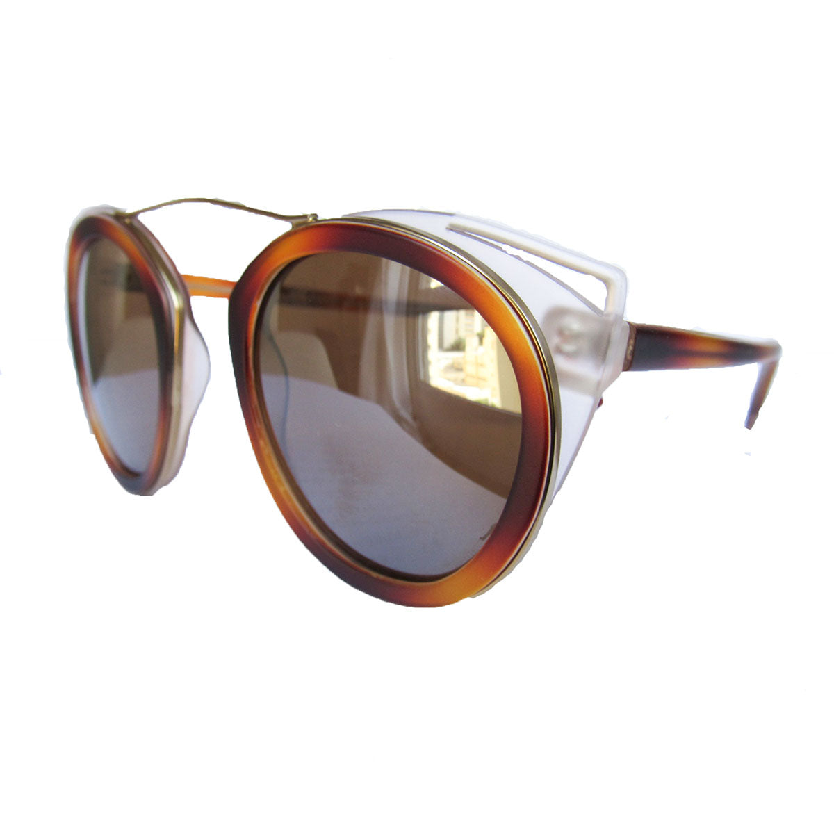 Round Caramel Coloured Sunglasses w/ Cat Eye Detail and Silver Mirrored Lenses