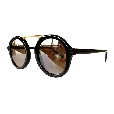 Belle Collection - Black Coloured Round Sunglasses w/ Silver Mirrored Lenses