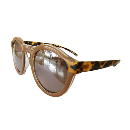 Round Nude Coloured Sunglasses w/ Turtle Print Arms and Silver Mirrored Lenses