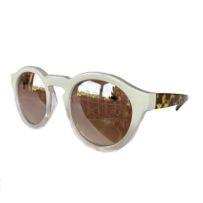 Round White Coloured and Crystal Sunglasses w/ Turtle Print Arms