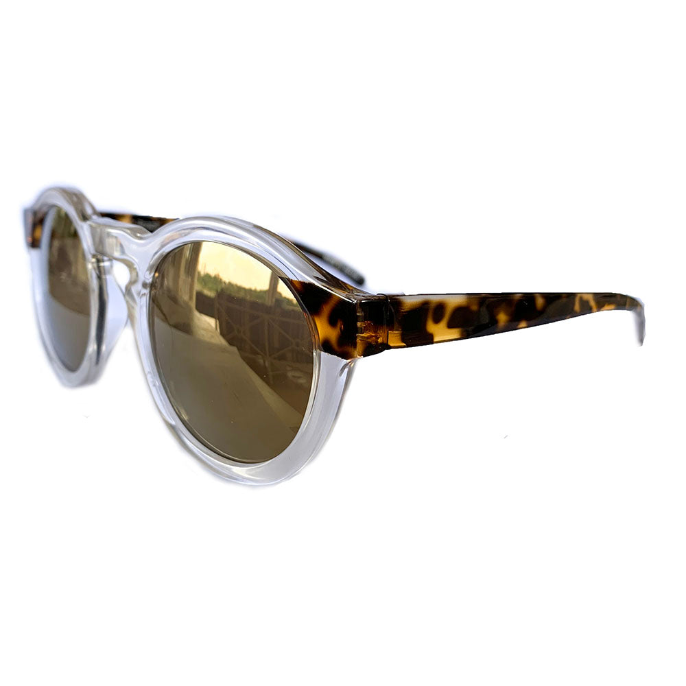 Round Transparent Sunglasses w/ Animal Print Arms and Golden Lenses
