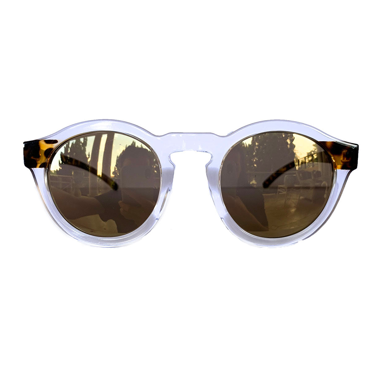 Round Transparent Sunglasses w/ Animal Print Arms and Golden Lenses