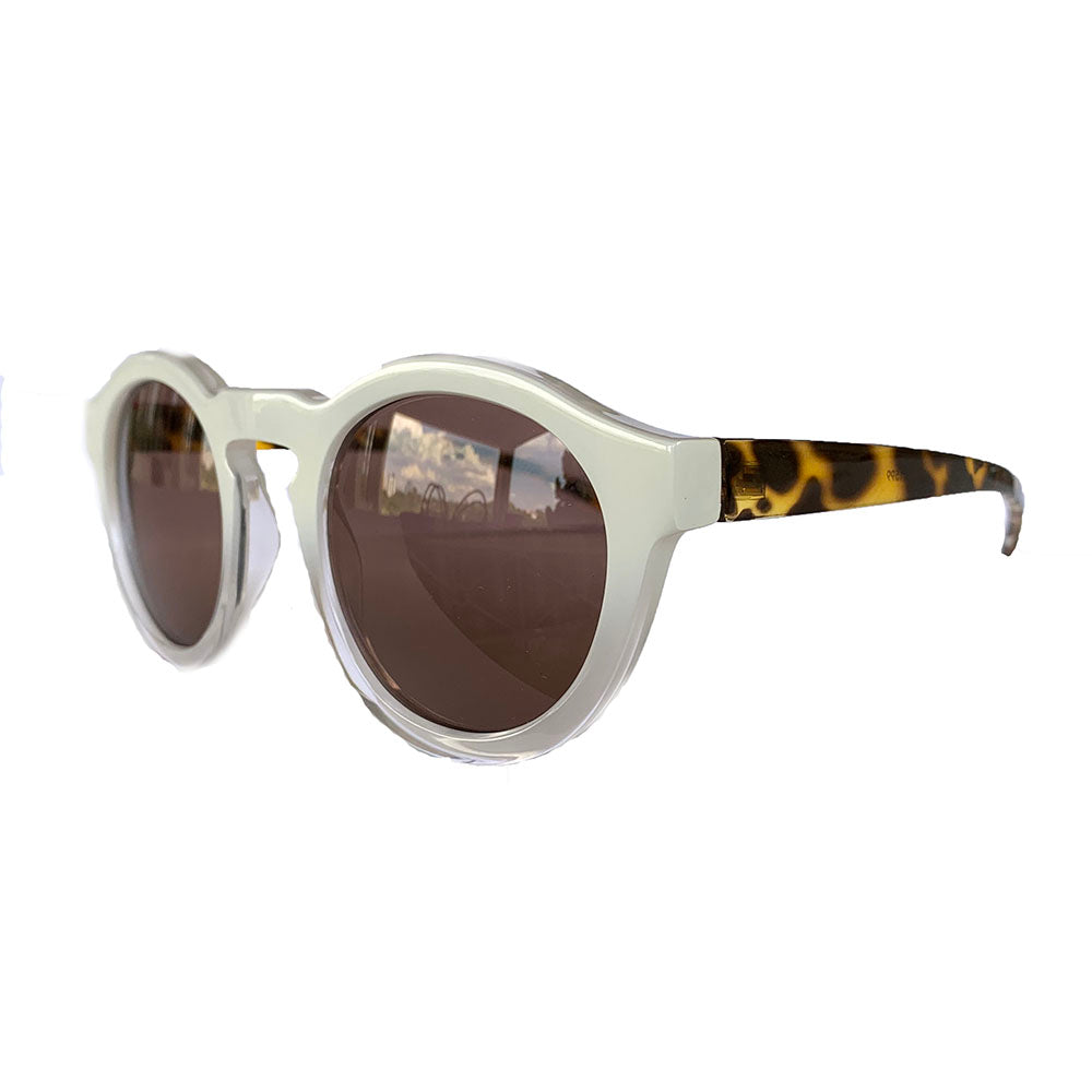 Round White Coloured and Crystal Sunglasses w/ Turtle Print Arms and Hazel Lenses