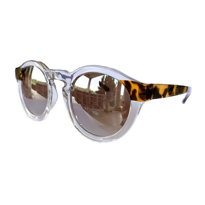 Round Transparent Sunglasses w/ Animal Print Arms and Silver Mirrored Lenses