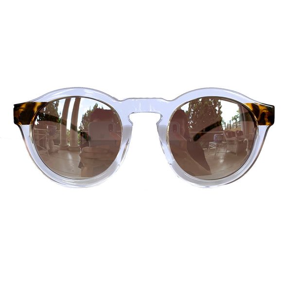 Round Transparent Sunglasses w/ Animal Print Arms and Silver Mirrored Lenses