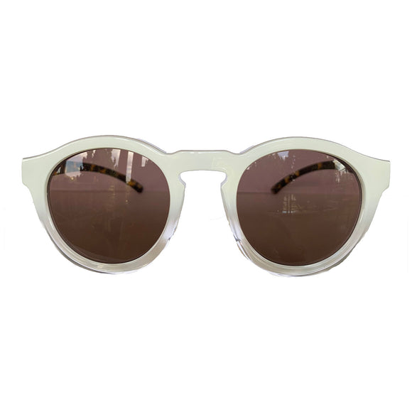 Round White Coloured and Crystal Sunglasses w/ Turtle Print Arms and Hazel Lenses