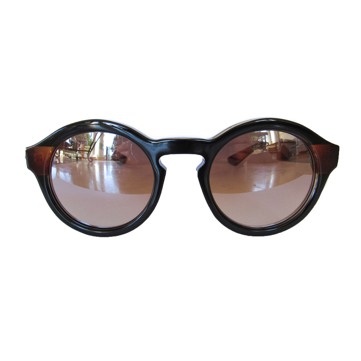 Round Black Small Sized Sunglasses w/ Caramel Arms and Silver Mirrored Lenses
