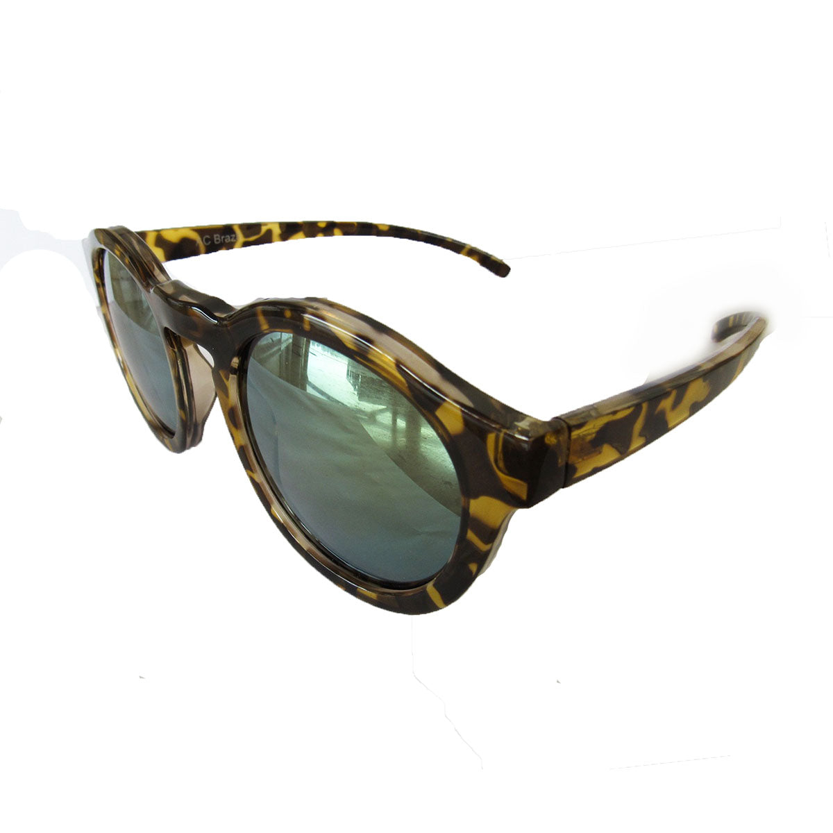 Round Turtle Print  Sunglasses w/ Green Mirrored Lenses