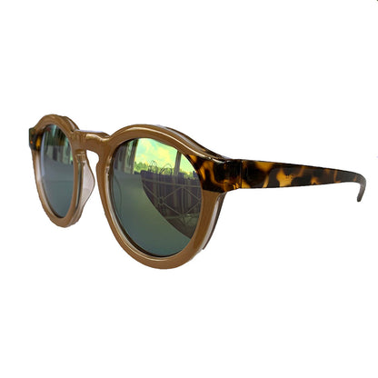 Round Nude Coloured Sunglasses w/ Turtle Print Arms and Green Lenses