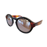 Round Black Small Sized Sunglasses w/ Caramel Arms and Silver Mirrored Lenses
