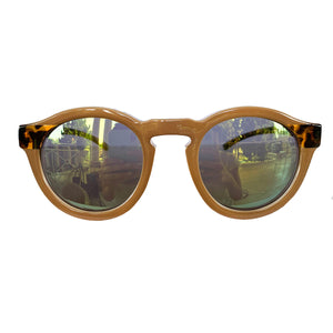 Round Nude Coloured Sunglasses w/ Turtle Print Arms and Green Lenses