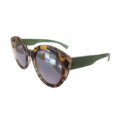 Round Cat Eye Turtle Print Sunglasses w/ Green Arms and Silver Mirrored Lenses