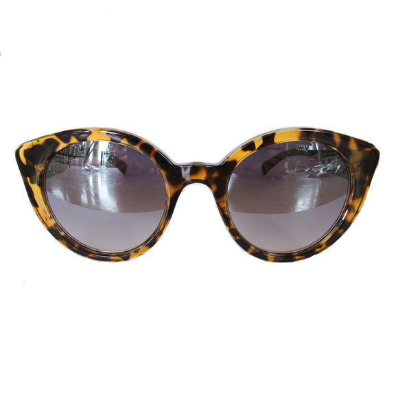 Round Cat Eye Turtle Print Sunglasses w/ Green Arms and Silver Mirrored Lenses