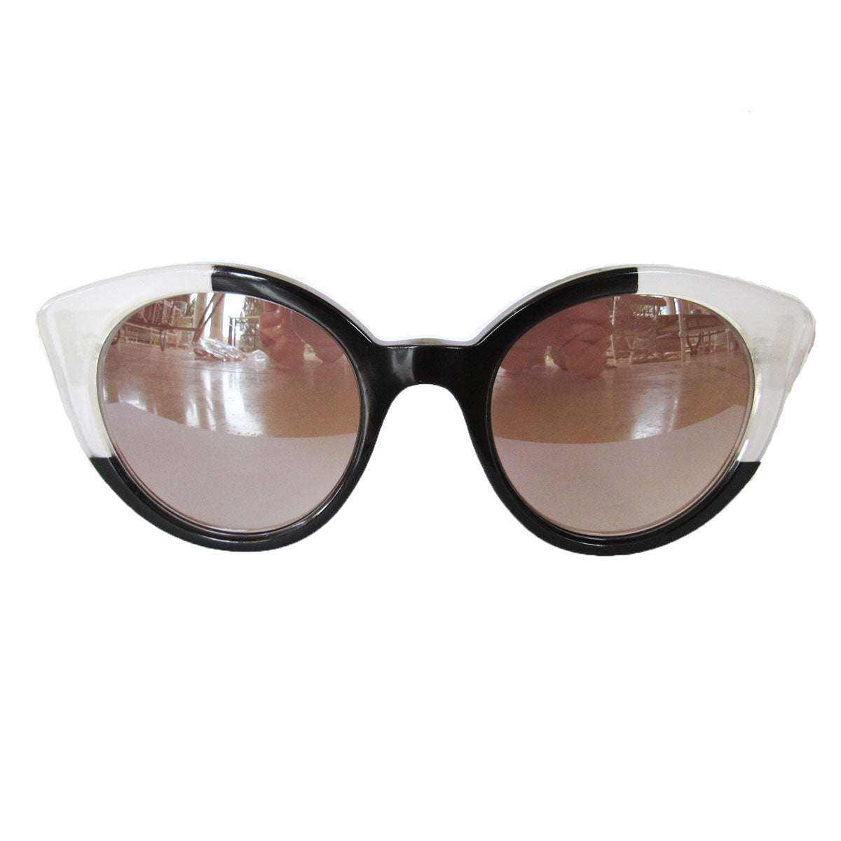 Round Cat Eye Black and Pearly Coloured Sunglasses w/ Silver Mirrored Lenses