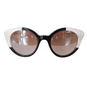 Round Cat Eye Black and Pearly Coloured Sunglasses w/ Silver Mirrored Lenses