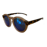 Round Nude Coloured Sunglasses w/ Turtle Print Arms and Blue Lenses