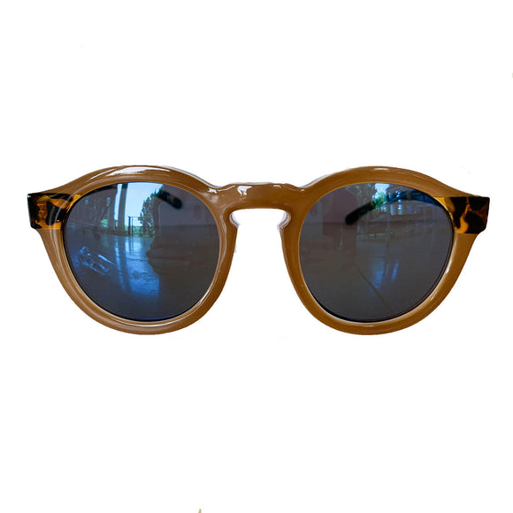 Round Nude Coloured Sunglasses w/ Turtle Print Arms and Blue Lenses
