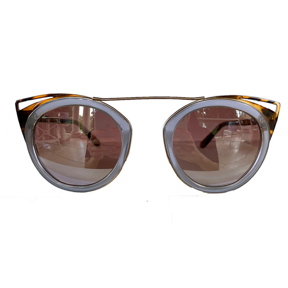 Round Light Blue Coloured Suglasses w/ Cat Eye Turtle Print Detail