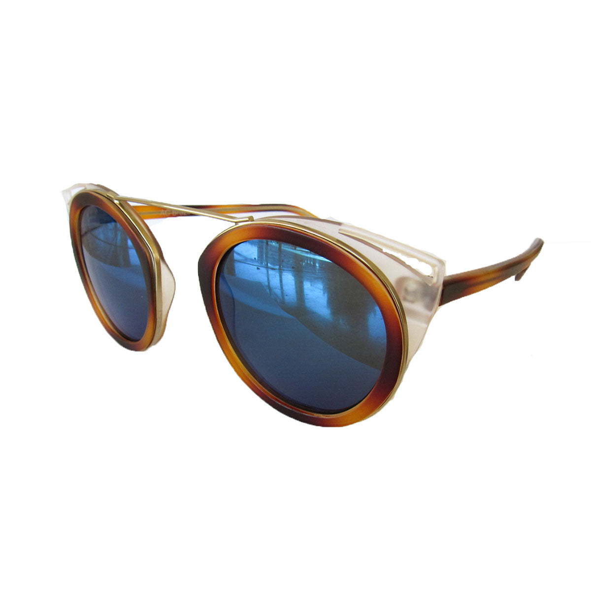 Round Caramel Coloured Sunglasses w/ Cat Eye Detail and Blue Lenses