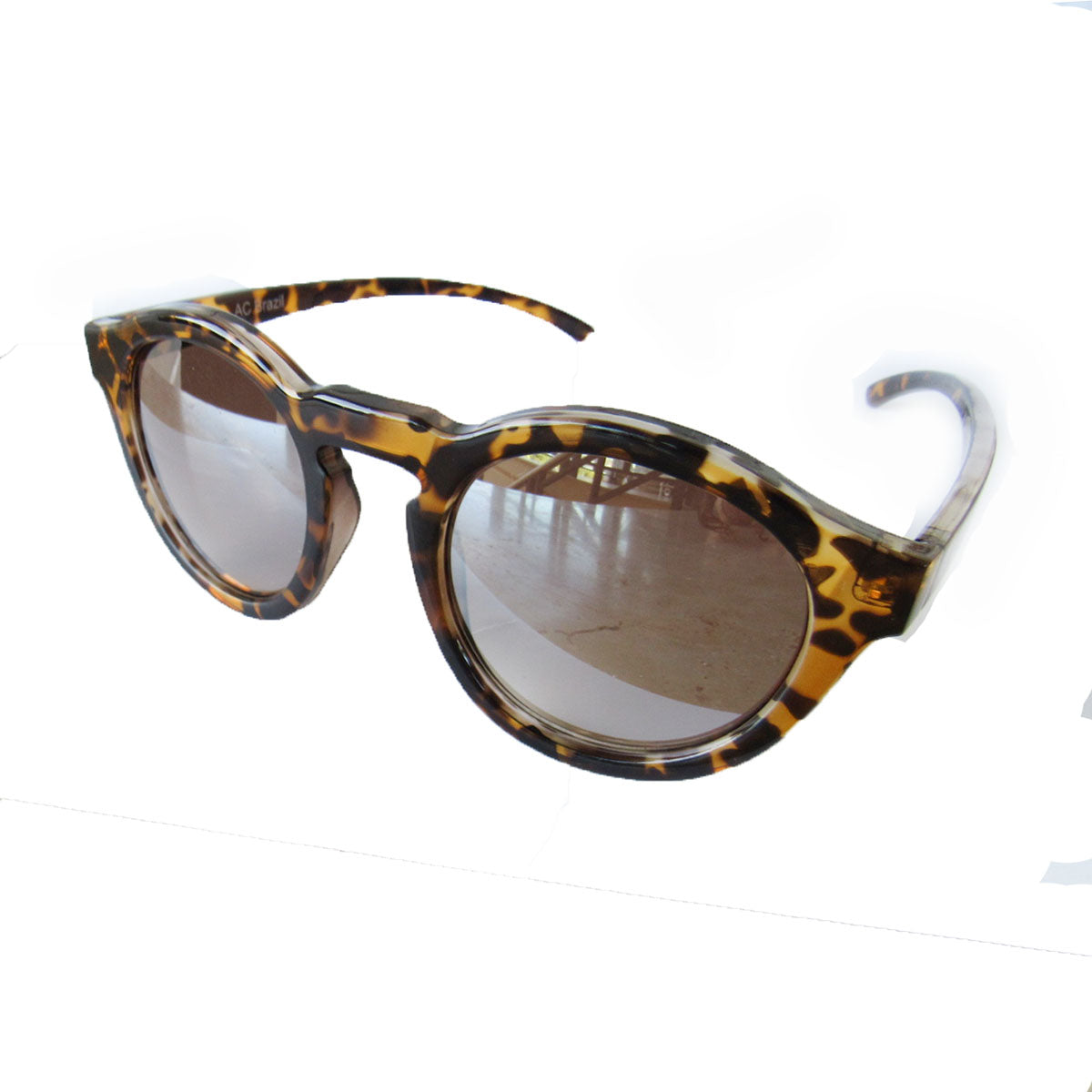 Round Turtle Print Sunglasses w/ Silver Mirrored Lenses