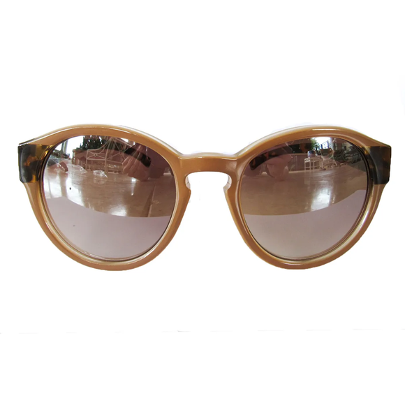 Large Round Nude Coloured Sunglasses w/ Turtle Print Arms and Silver Mirrored Lenses