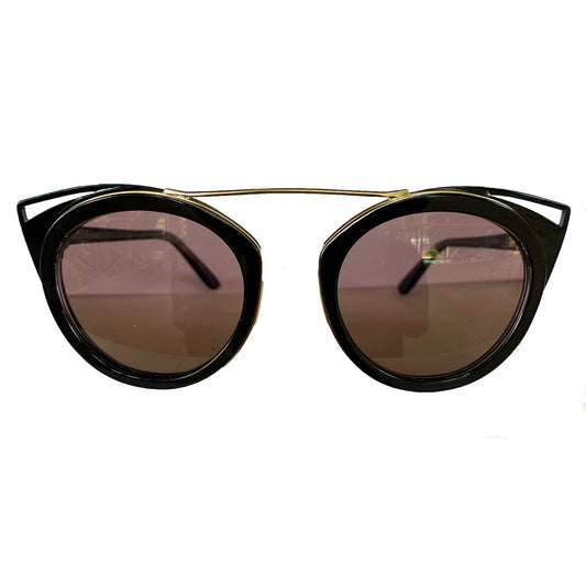 Round Black Coloured Suglasses w/ Cat Eye Detail and Brown Lenses