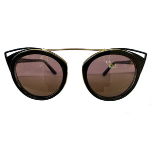 Round Black Coloured Suglasses w/ Cat Eye Detail and Brown Lenses