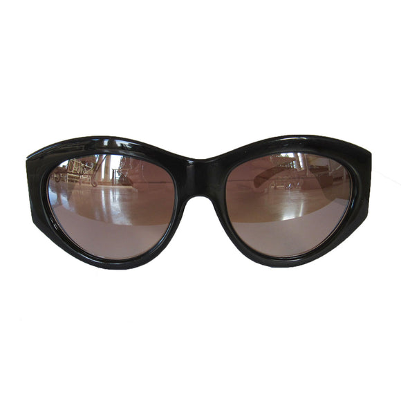 Mask Style Black Coloured Sunglasses w/ Wooden Pattern Arms and Silver Mirrored Lenses