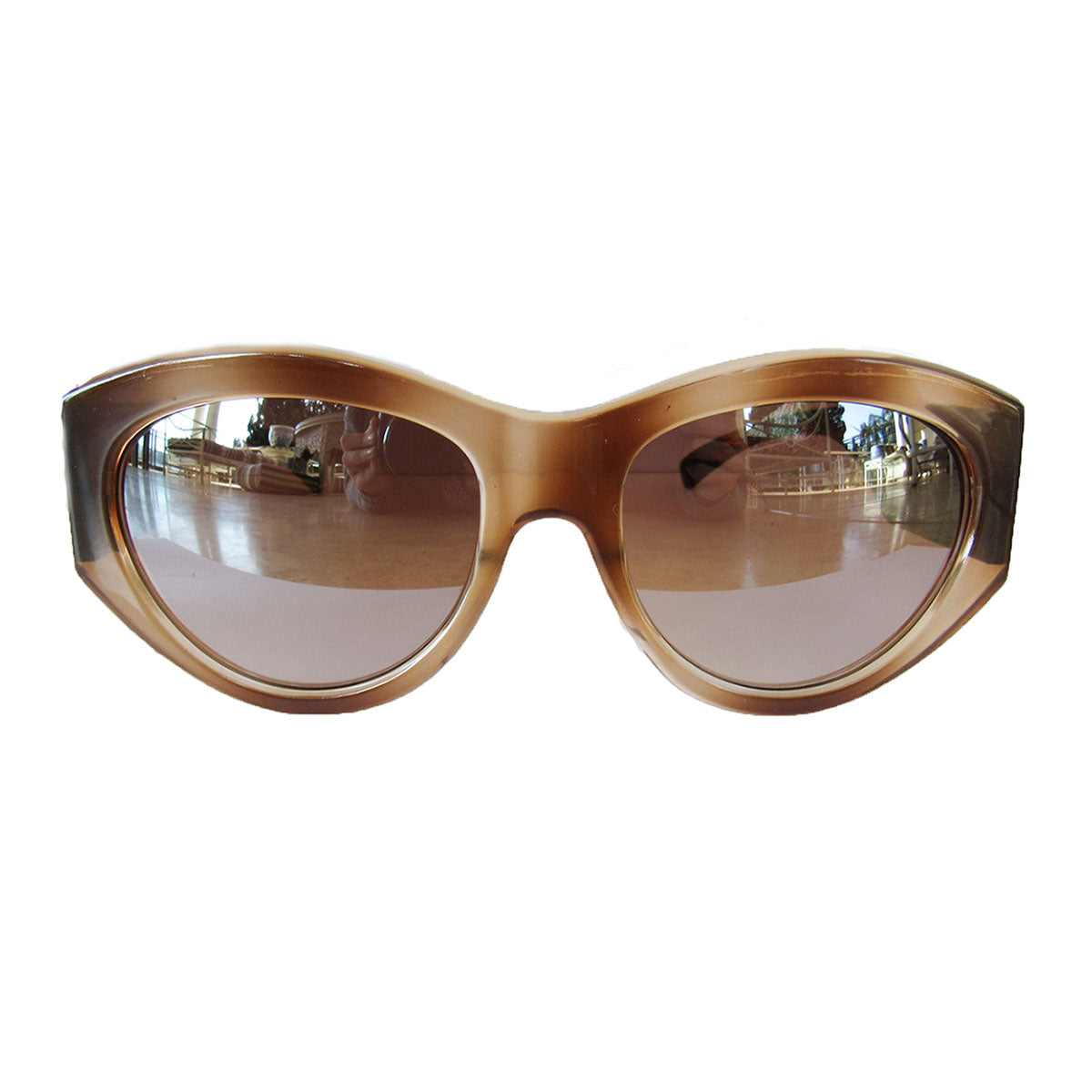 Mask Style Honey Coloured Sunglasses w/ Wooden Pattern Arms and Silver Mirrored Lenses