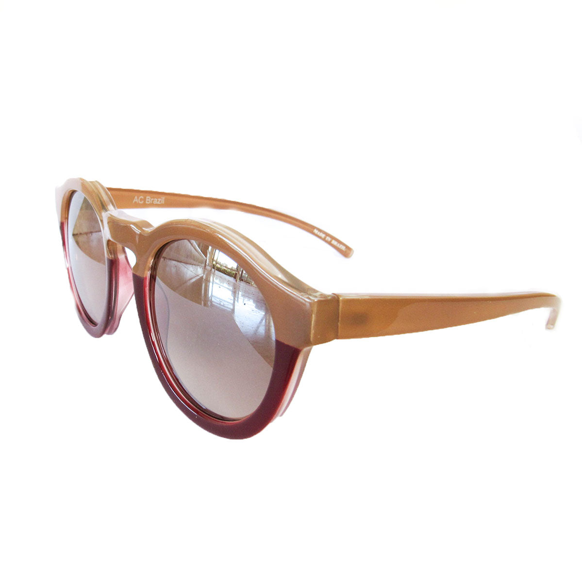 Round Nude and Burgundy Coloured Sunglasses w/ Silver Mirrored Lenses