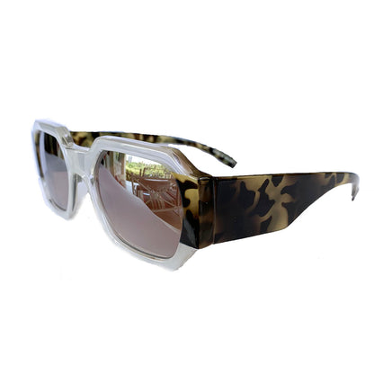 Rectangular Pearly Coloured Sunglasses w/ Silver Mirrored Lenses and Turtle Print Arms