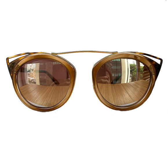 Round Honey Coloured Suglasses w/ Cat Eye Turtle Print Detail