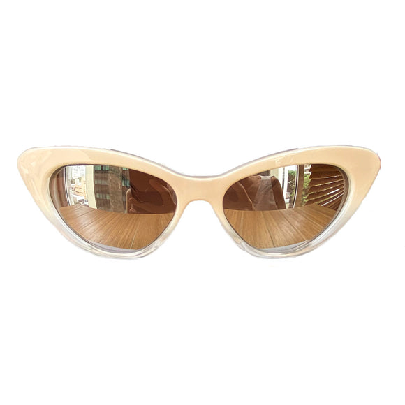 Small Light Nude Coloured Cat Eye Style Sunglasses w/ Silver Mirrored Lenses
