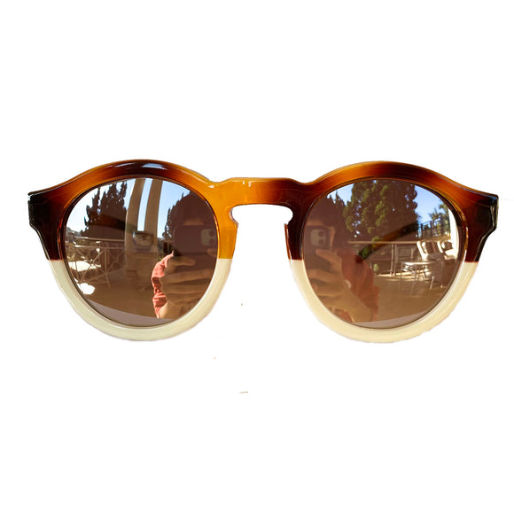 Round Caramel and Ivory Coloured Sunglasses w/ Silver Mirrored Lenses